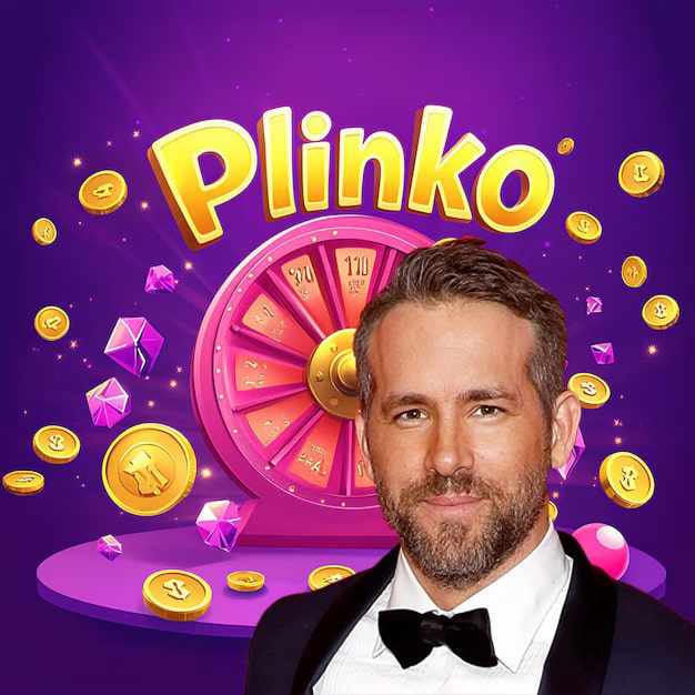 Image of a Ryan Reynolds in a tuxedo with a bow tie, standing in front of a colorful gaming-themed background featuring the word 'Plinko,' a spinning wheel, coins, and gems.